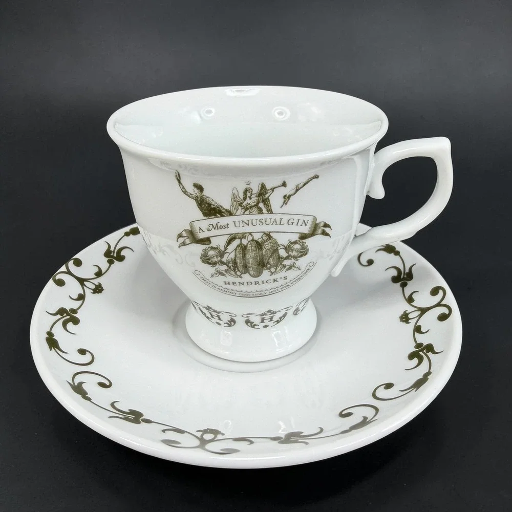 Hendricks Gin Tea Cup and Saucer Set A Most Unusual Gin White Green Victorian